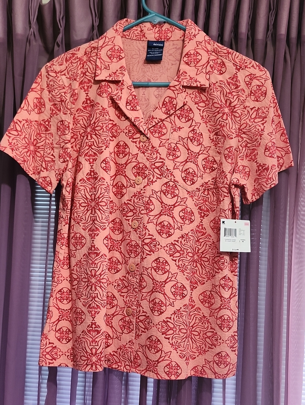 Basic Editions Pink Print Camp Shirt M